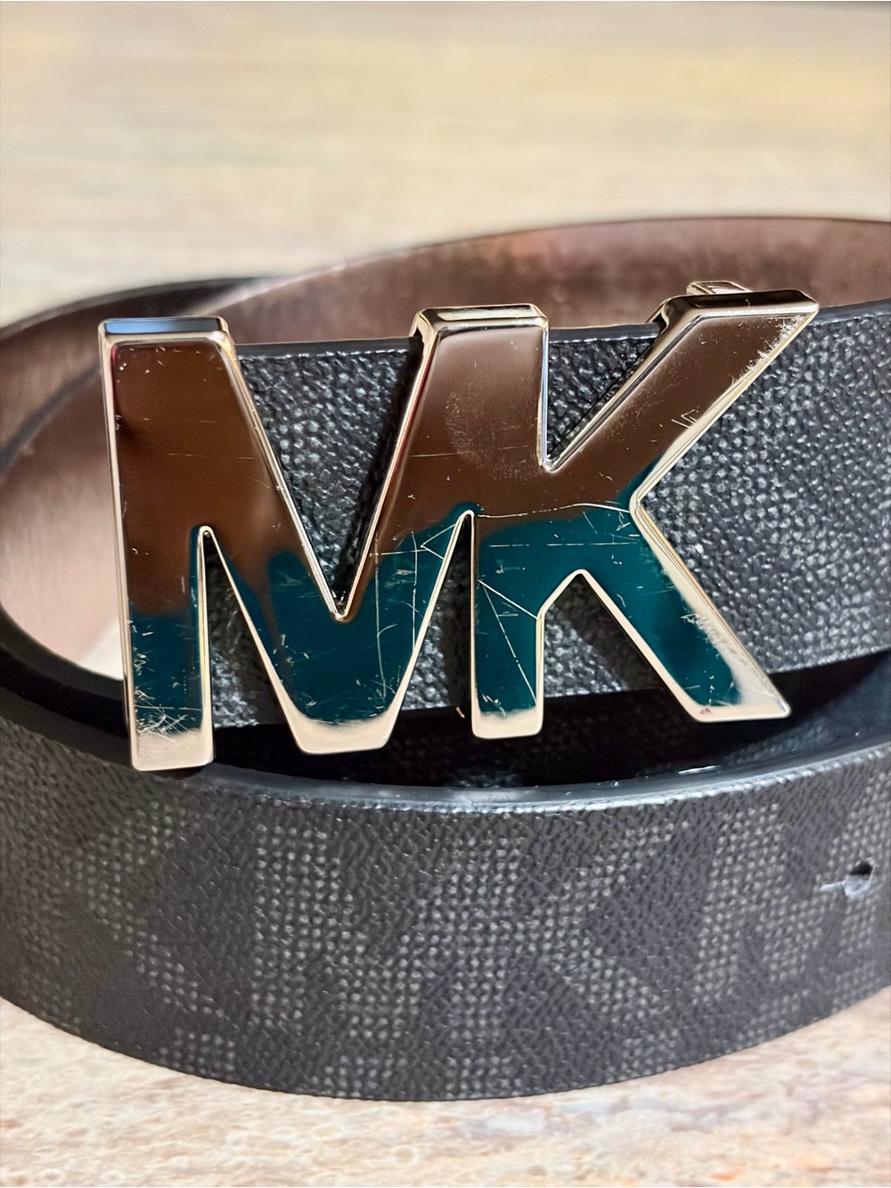 Michael Kors Men's Black Signature MK Silver Color Logo Leather Belt - Picture 4 of 16